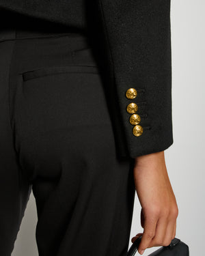 Celine Black Double Breasted Cropped Wool Jacket with Gold Triomphe Logo Button Detail Size FR 34 (UK 6)