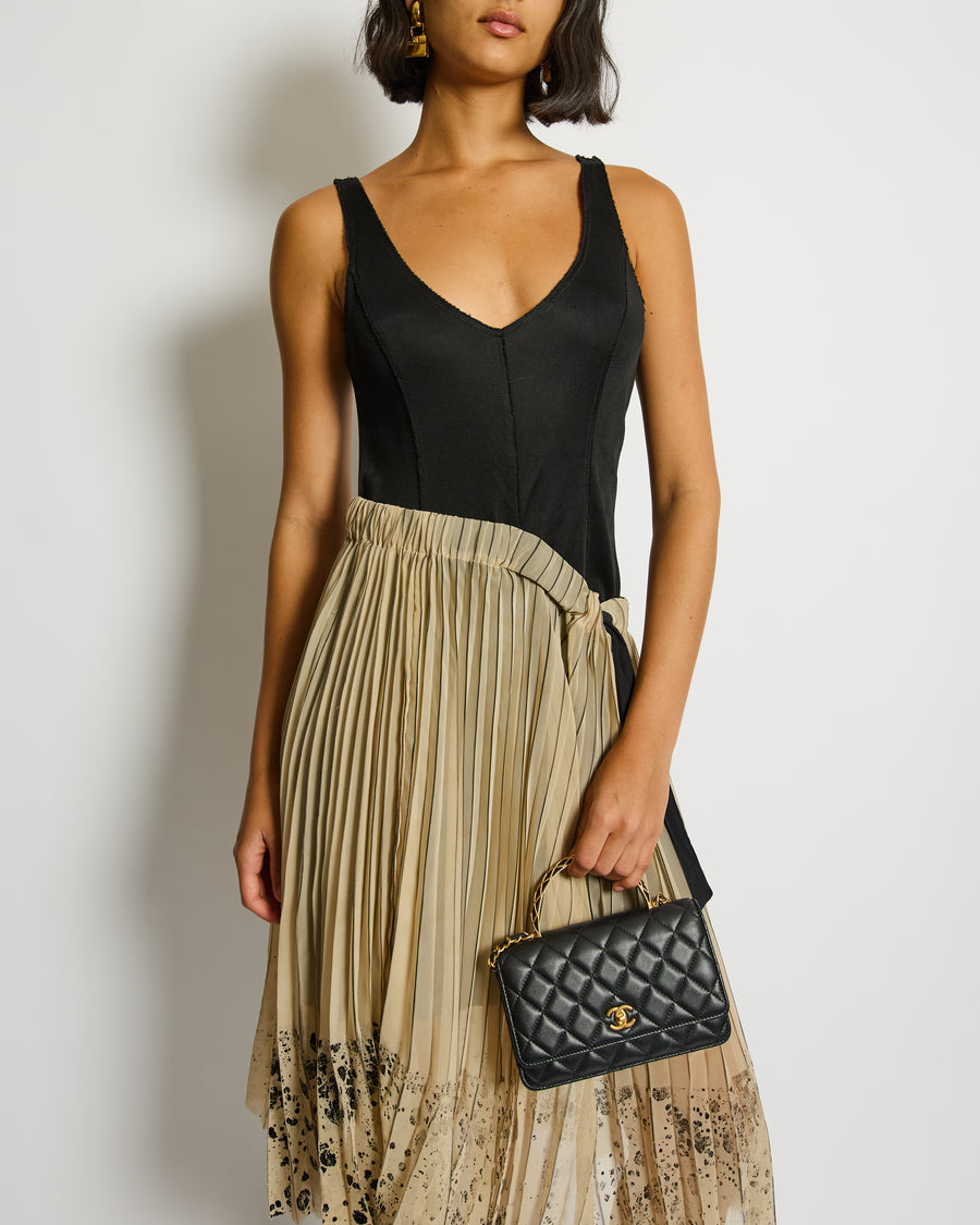 Fendi Black Sleeveless Asymmetric Midi Dress with Beige Pleated Skirt Detail Size IT 44 (UK 12)