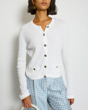 Chanel 21/A White Button Down Round Neck Ribbed Cardigan with CC Button Detail Size FR 42 (UK 14)