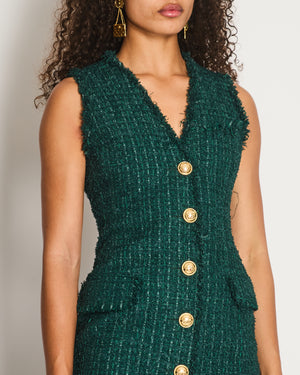 Balmain Green Sleeveless Tweed button Down V-Neck Mini Dress Size FR 38 (UK 10)