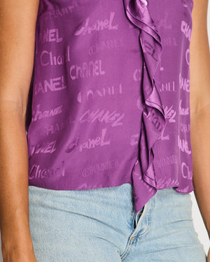 Chanel 22P Purple Silk Sleeveless Button Down Top with Ruffle Neckline and Logo Detail Size FR 38 (UK 10)