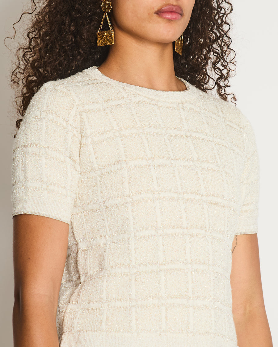 Gucci Cream and Gold Metallic Check Short Sleeve Jumper with Gold Button Logo Size S (UK 8)