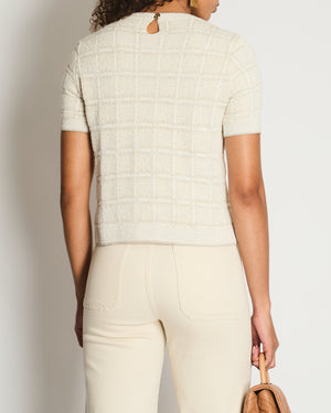 Gucci Cream and Gold Metallic Check Short Sleeve Jumper with Gold Button Logo Size S (UK 8)