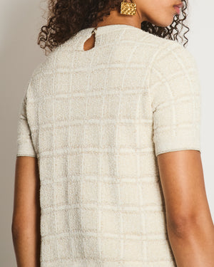 Gucci Cream and Gold Metallic Check Short Sleeve Jumper with Gold Button Logo Size S (UK 8)