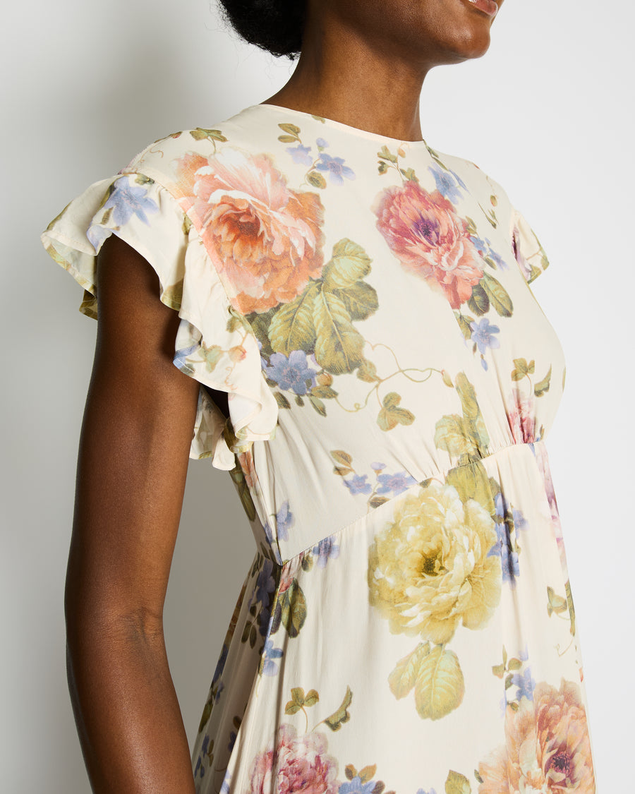 Zimmermann Beige Viscose Short-Sleeve Floral Midi Dress with Ruffle Details Size 0 (UK 8)