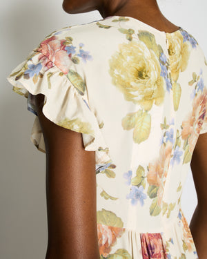 Zimmermann Beige Viscose Short-Sleeve Floral Midi Dress with Ruffle Details Size 0 (UK 8)