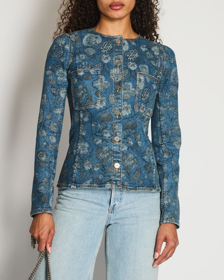 Chanel 21/A Flower Printed Denim Jacket with Silver CC Button Details Size FR 38 (UK 10)