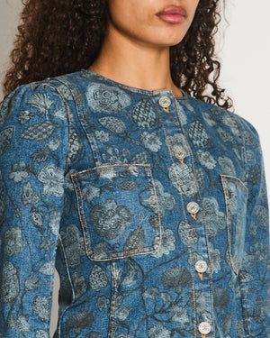 Chanel 21/A Flower Printed Denim Jacket with Silver CC Button Details Size FR 38 (UK 10)