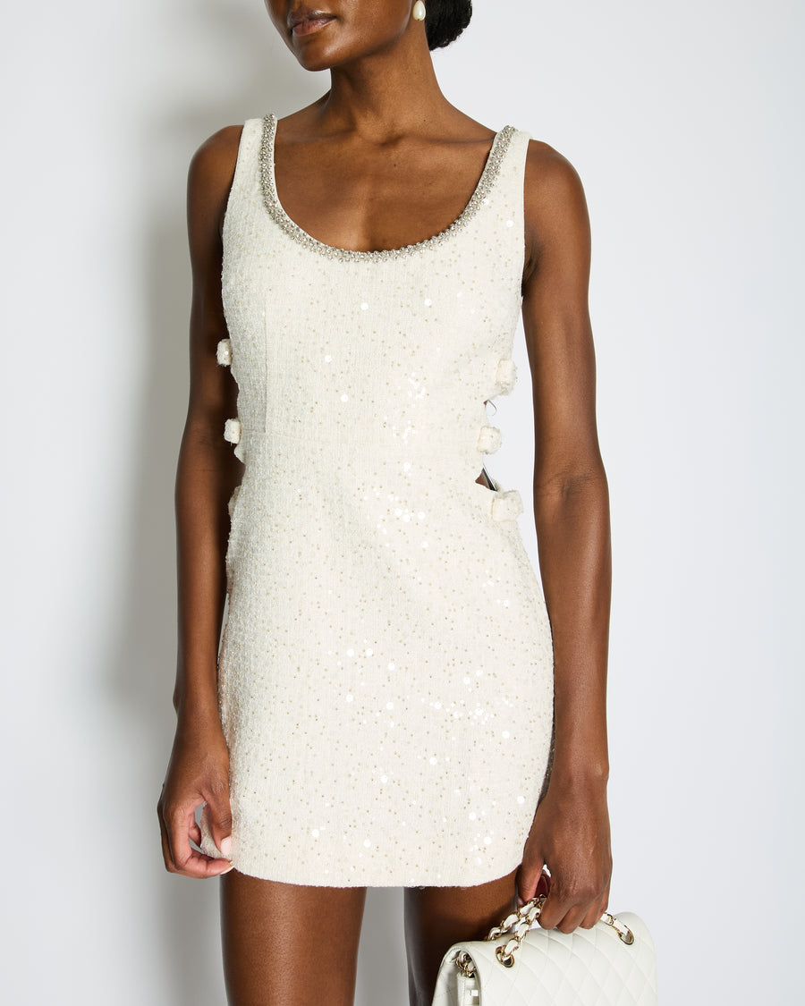 Self-Portrait Beige Boucle Cut Out Mini Dress with Embellished Detail Size UK 8