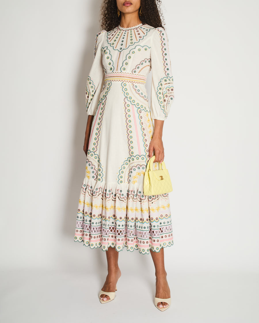 Zimmermann White Long Sleeve Embroidered Maxi Dress with Scalloped Hem Detail Size 0 (UK 8)