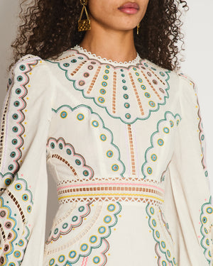 Zimmermann White Long Sleeve Embroidered Maxi Dress with Scalloped Hem Detail Size 0 (UK 8)