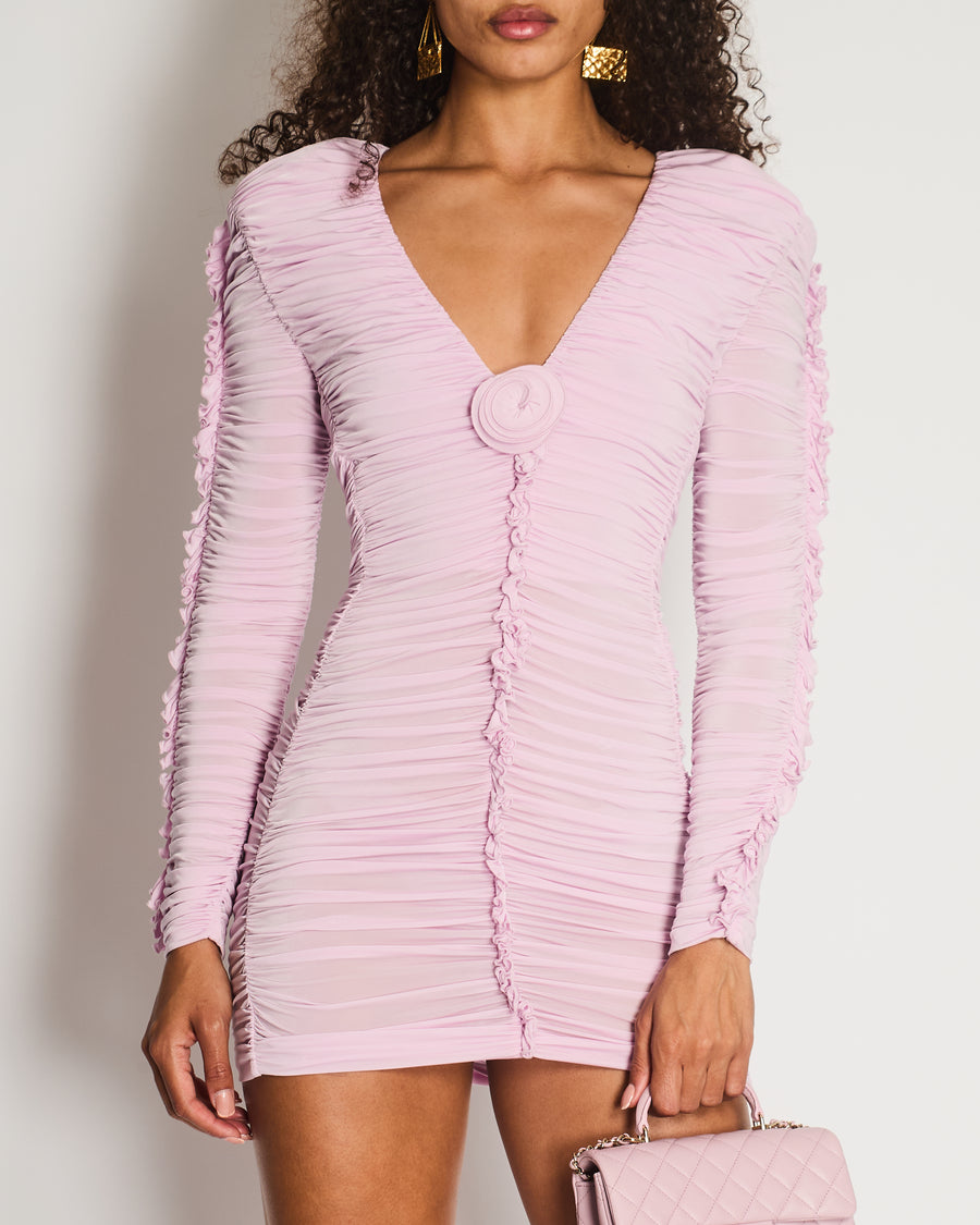 Magda Butrym Pink Long Sleeve Ruched Mini Dress with Rose Appliqué Detail Size FR 36 (UK 8)