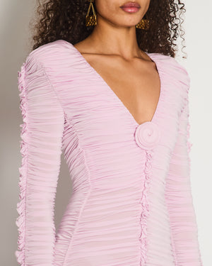 Magda Butrym Pink Long Sleeve Ruched Mini Dress with Rose Appliqué Detail Size FR 36 (UK 8)
