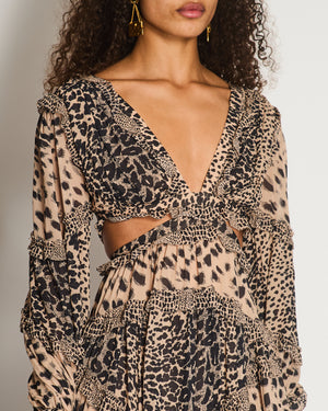 Zimmermann Brown Long Sleeve Leopard Print Cut-Out Ruched Midi Dress Size 0 (UK 8)