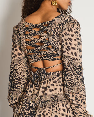 Zimmermann Brown Long Sleeve Leopard Print Cut-Out Ruched Midi Dress Size 0 (UK 8)
