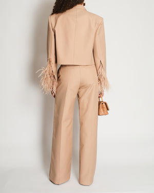 Valentino Beige Sand Feather Cuff Cropped Blazer and Trousers Set Size IT 42 (UK 10)