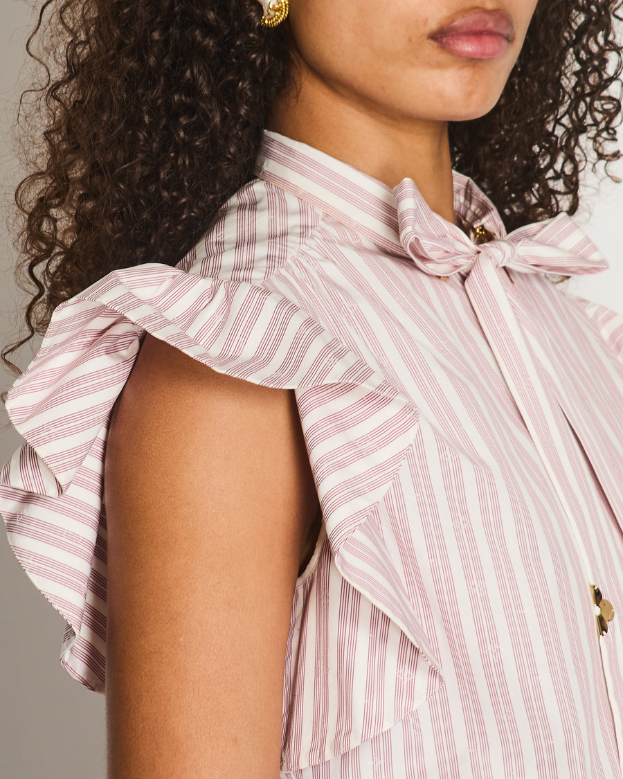 Louis Vuitton White and Burgundy Striped Monogram Printed Button Down Blouse Top with Gold Monogram Tie-Neck Detail Size FR 38 (UK 10)