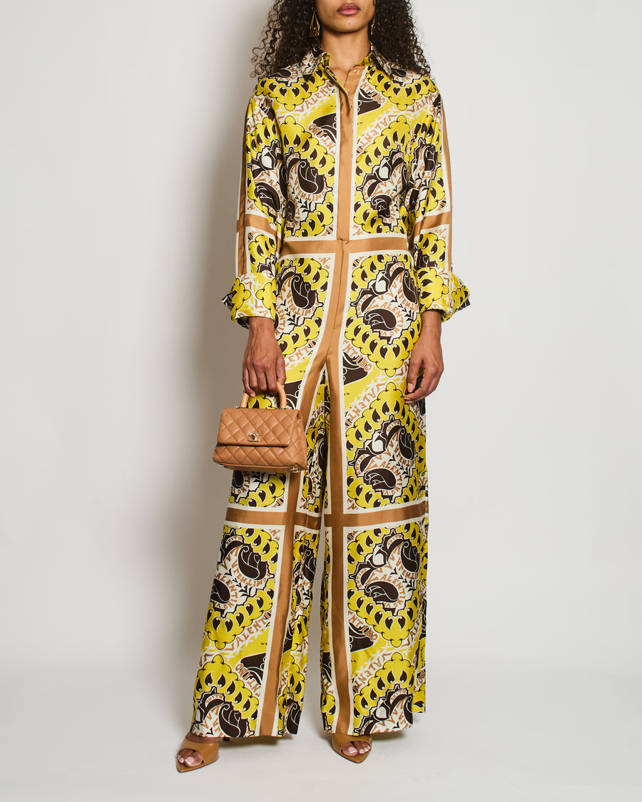 Valentino Yellow and Brown Long Sleeve Jumpsuit with Logo Printed Details Size IT 44 (UK 12)