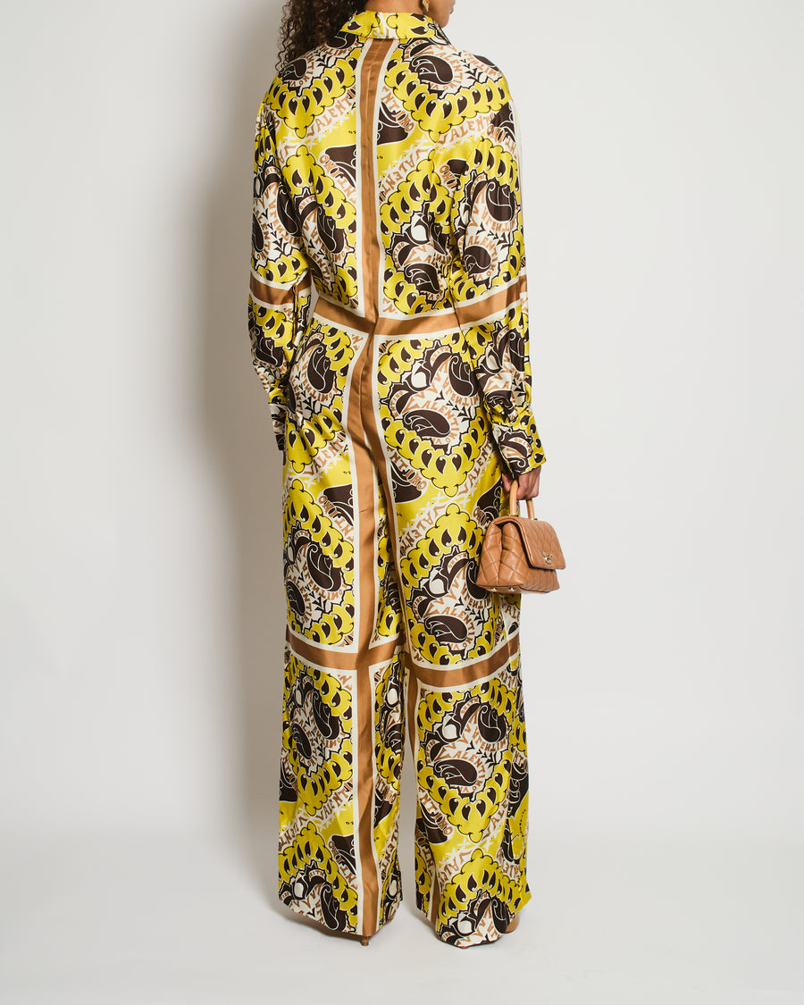 Valentino Yellow and Brown Long Sleeve Jumpsuit with Logo Printed Details Size IT 44 (UK 12)