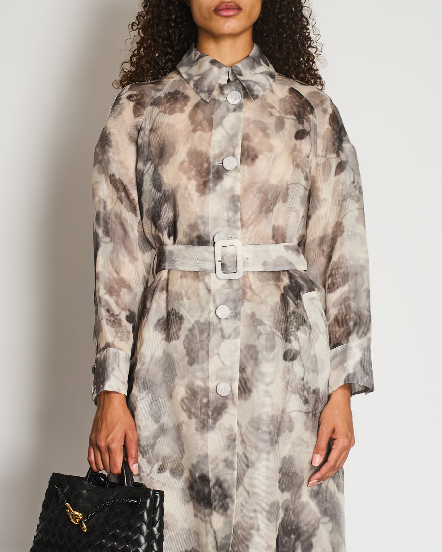 Fendi Grey and White Long Sleeve Perforated Maxi Coat and Trousers Set with Floral Printed Detail Size IT 42 (UK 10)