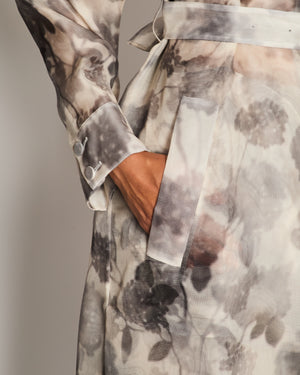 Fendi Grey and White Long Sleeve Perforated Maxi Coat and Trousers Set with Floral Printed Detail Size IT 42 (UK 10)
