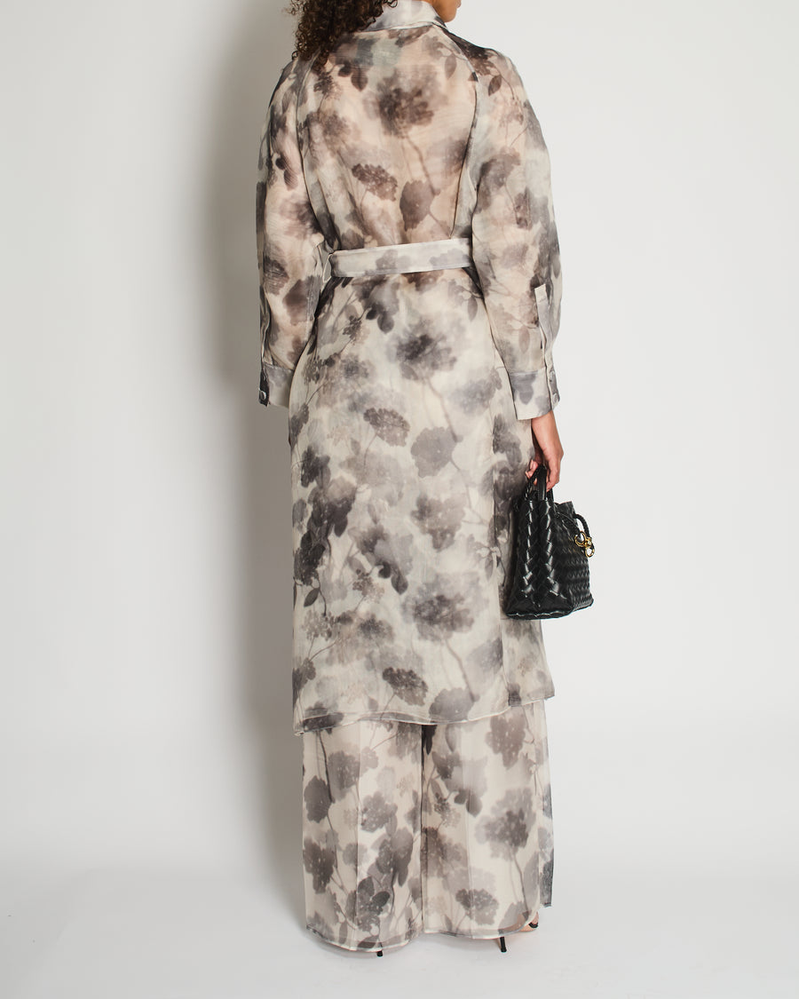 Fendi Grey and White Long Sleeve Perforated Maxi Coat and Trousers Set with Floral Printed Detail Size IT 42 (UK 10)