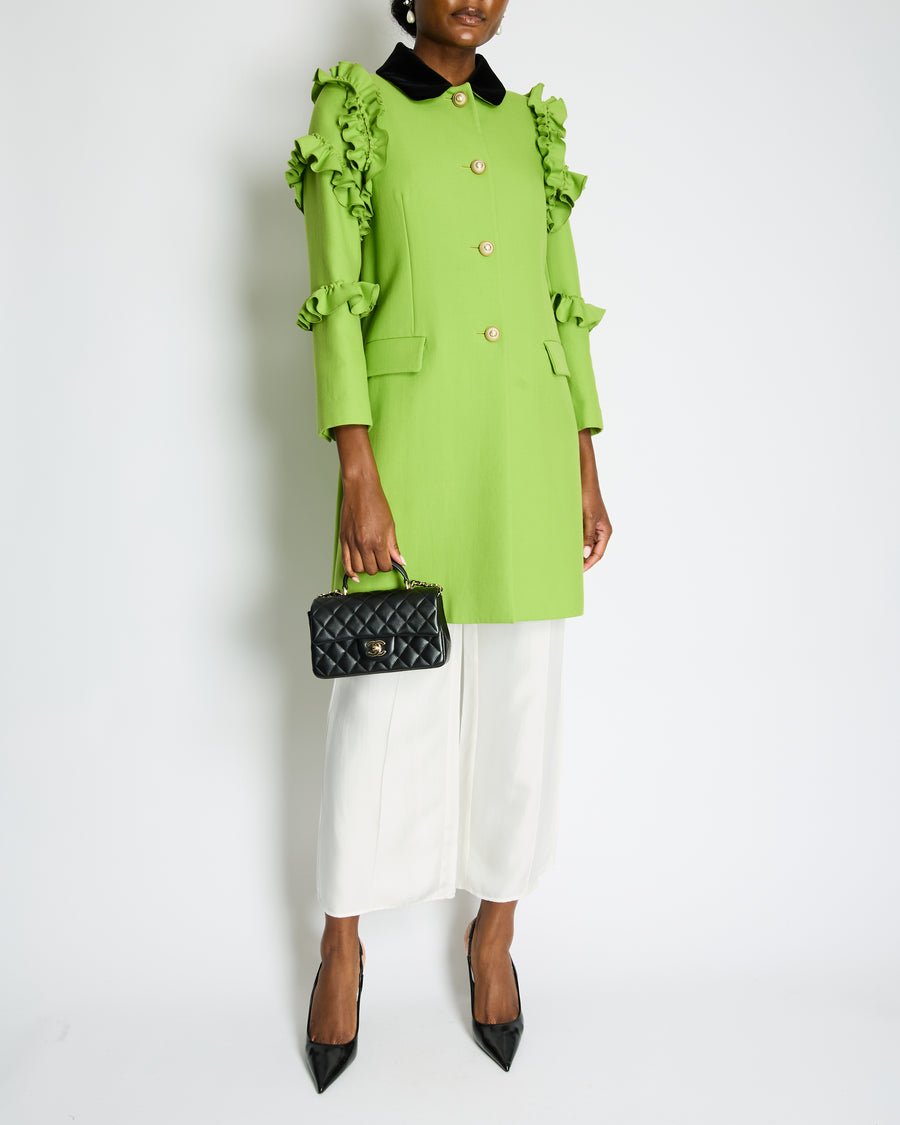 Gucci Cruise 2017 Apple Green Wool Coat with Pearl Embellished Buttons and Ruffles Detail IT 42 (UK 10)