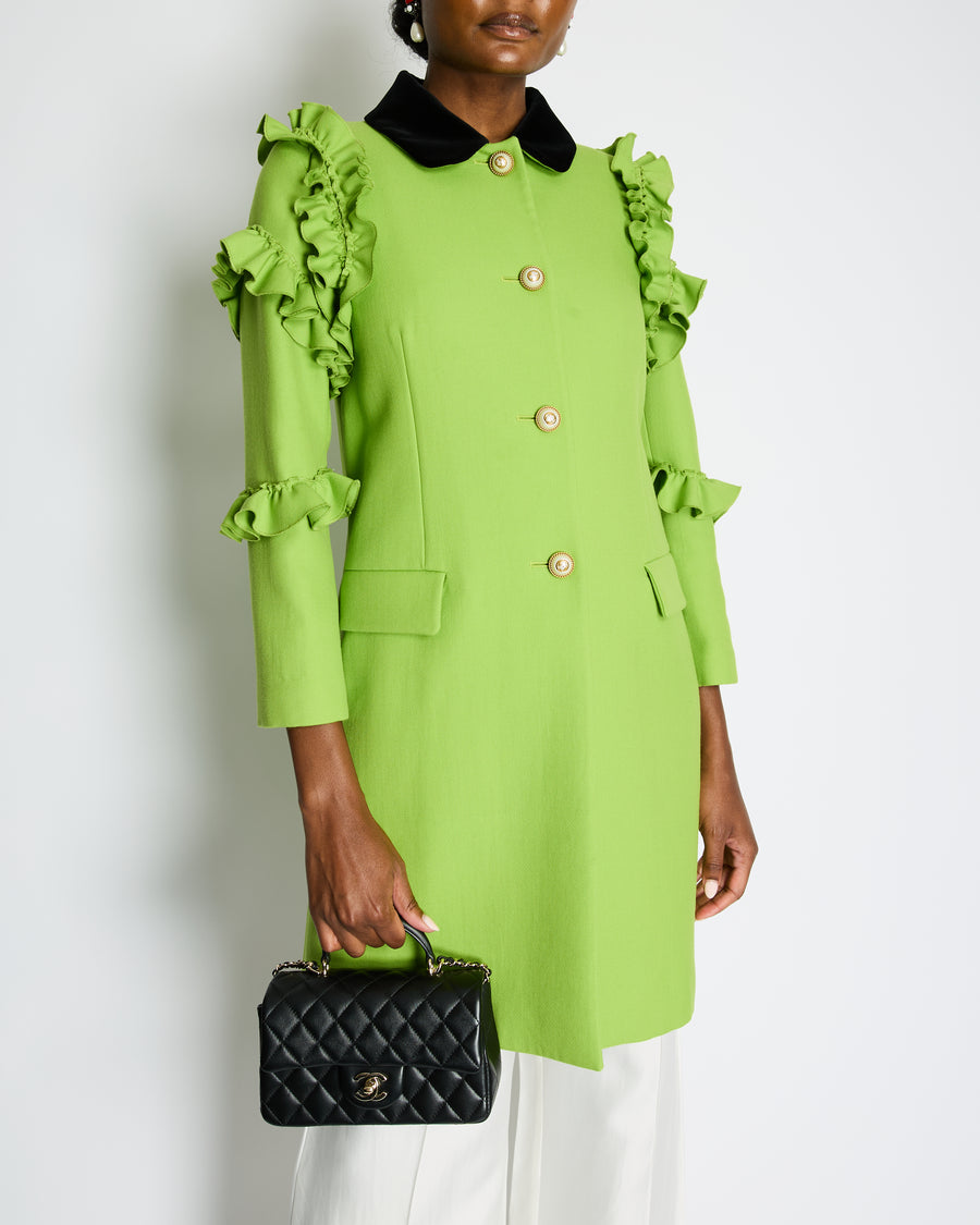 Gucci Cruise 2017 Apple Green Wool Coat with Pearl Embellished Buttons and Ruffles Detail IT 42 (UK 10)
