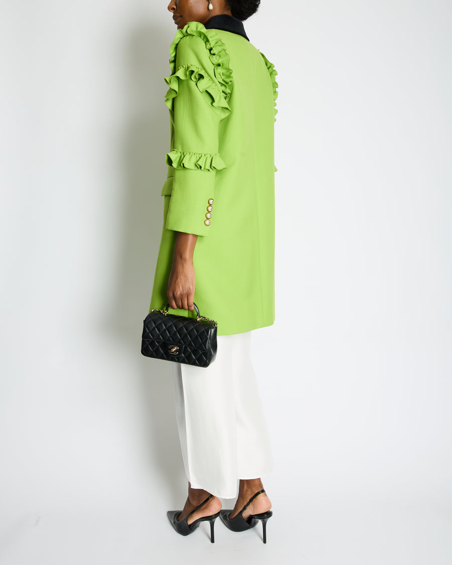 Gucci Cruise 2017 Apple Green Wool Coat with Pearl Embellished Buttons and Ruffles Detail IT 42 (UK 10)