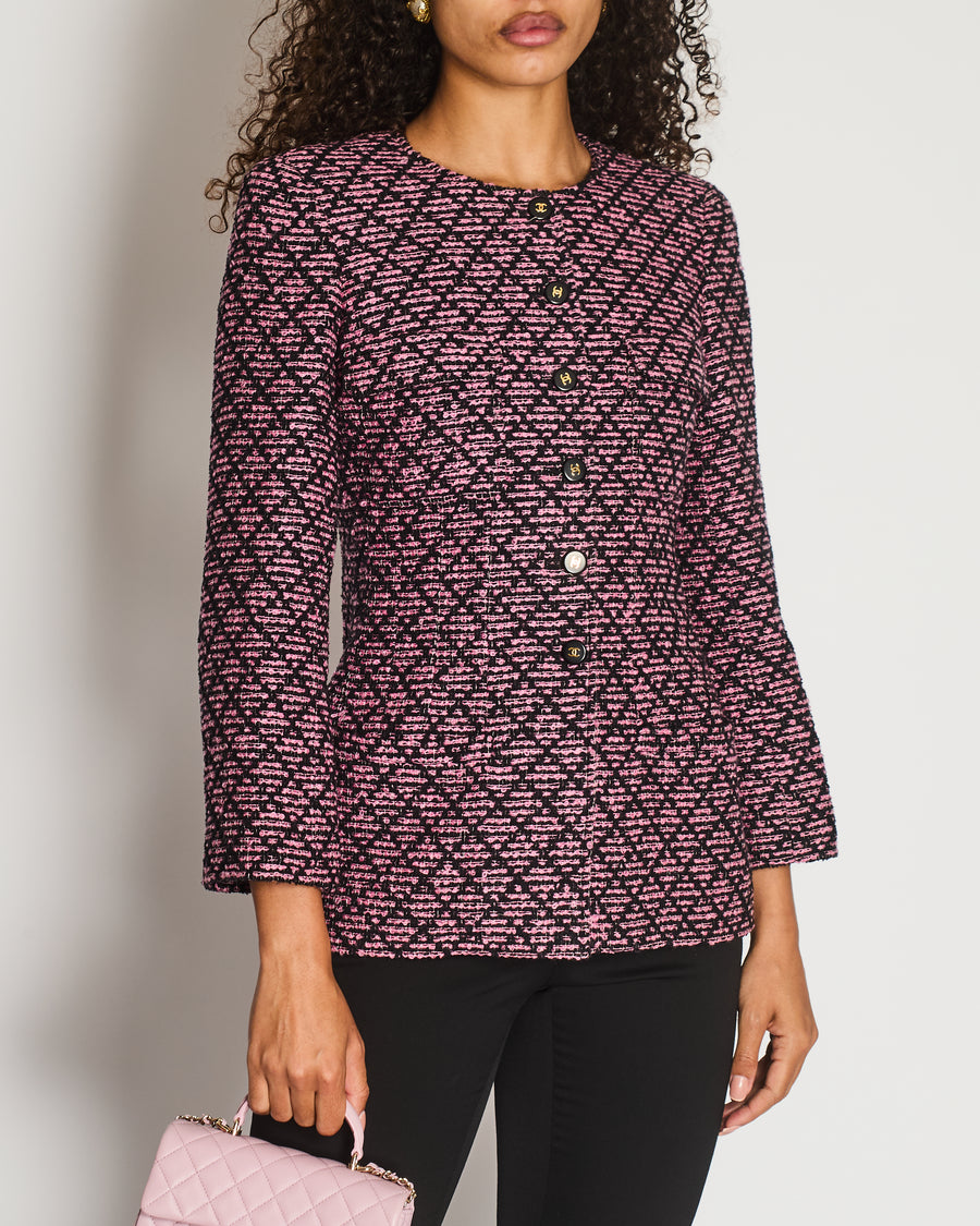 Chanel 95A Black and Pink Tweed Jacket with Gold CC Logo Buttons Size FR 40 (UK 12) 