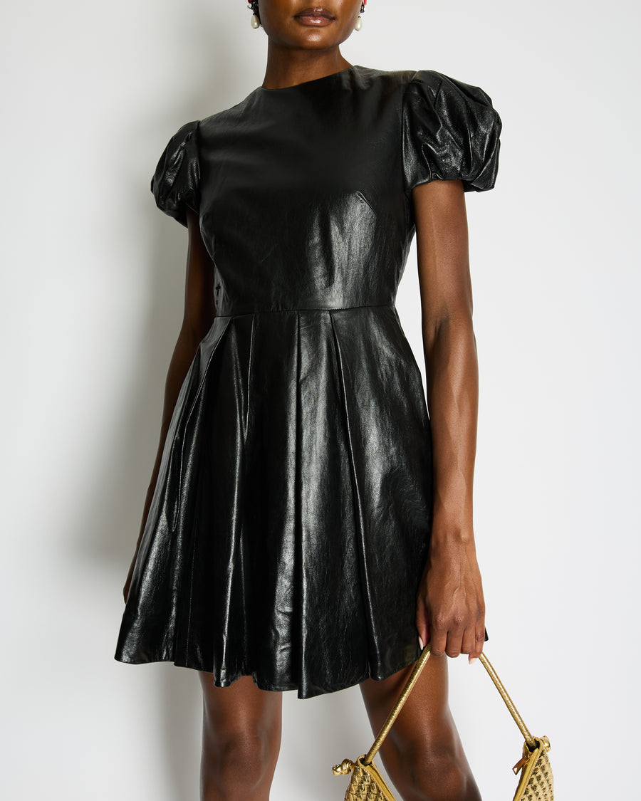 Christian Dior Black Leather Mini Short Sleeve Dress with CD Logo Detail Size FR 38 (UK 10)