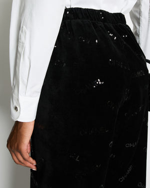 Chanel 22B Black Velvet Jogging Pants with Sequin Chanel Logo Detail Size FR 42 (UK 14)