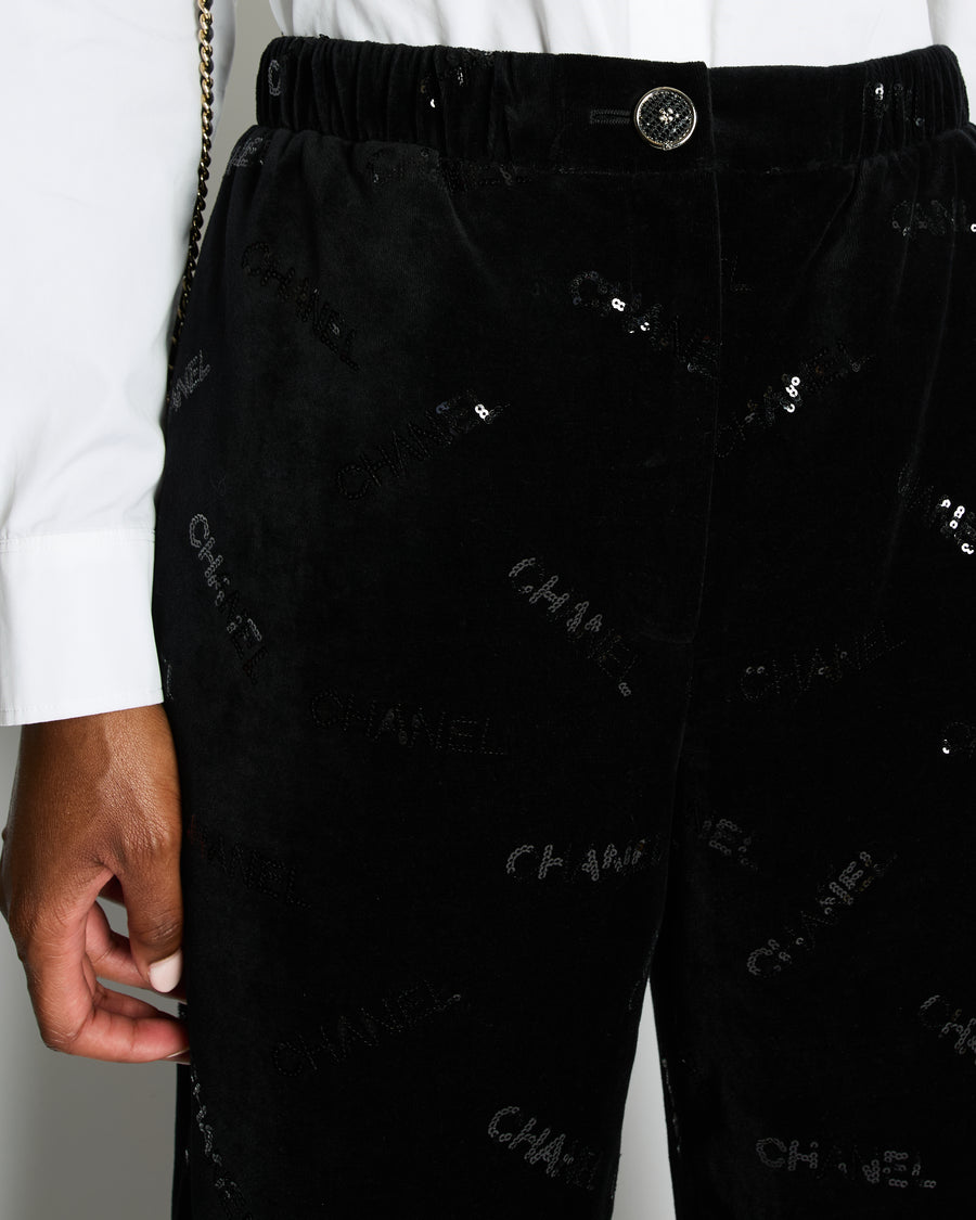 Chanel 22B Black Velvet Jogging Pants with Sequin Chanel Logo Detail Size FR 42 (UK 14)