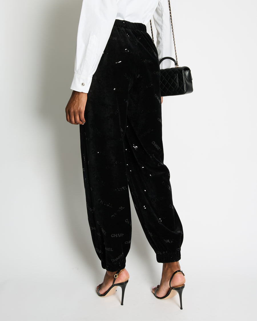 Chanel 22B Black Velvet Jogging Pants with Sequin Chanel Logo Detail Size FR 42 (UK 14)