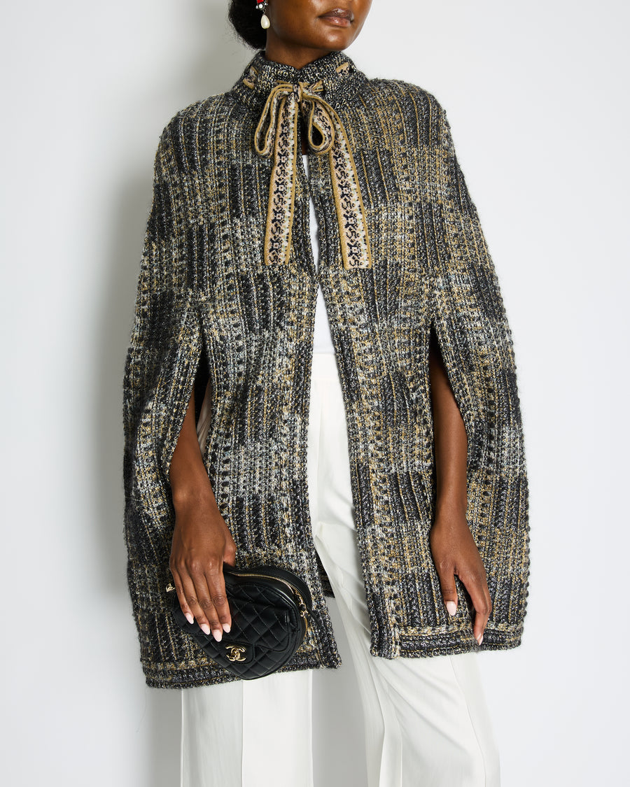 Chanel 16A Metallic Silver & Gold Tweed Cape with Gold Button Detail Size FR 34/36 (UK 6/8)