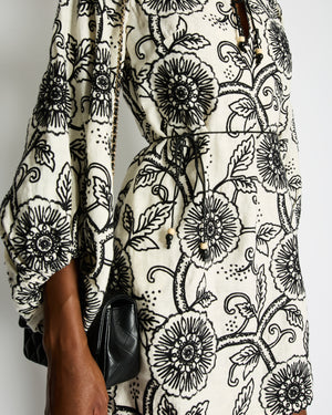 Zimmermann White and Black Floral Embroidered Long Sleeve Linen Mini Dress Size 0 (UK 8)