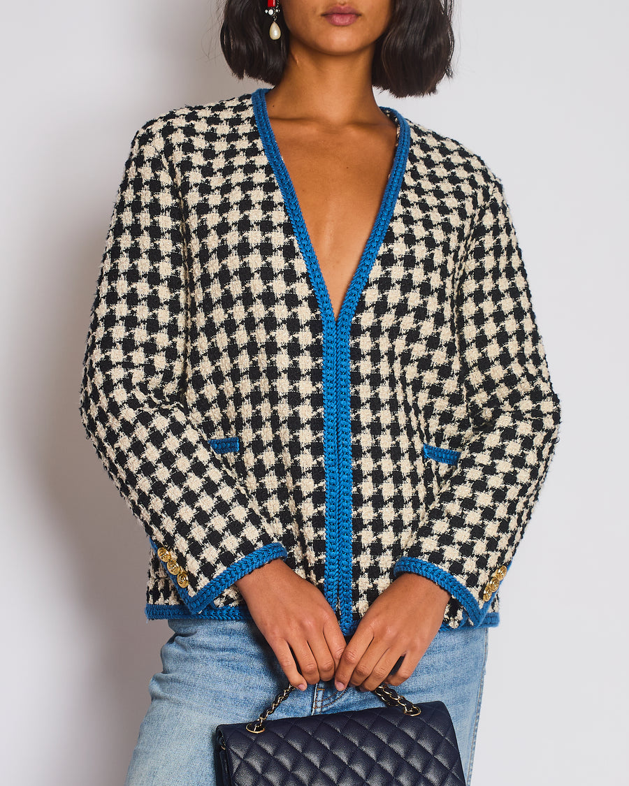 Gucci Black & White Houndstooth Wool Jacket with Electric Blue Thread Detail Size IT 36 (UK 4)