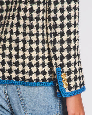 Gucci Black & White Houndstooth Wool Jacket with Electric Blue Thread Detail Size IT 36 (UK 4)
