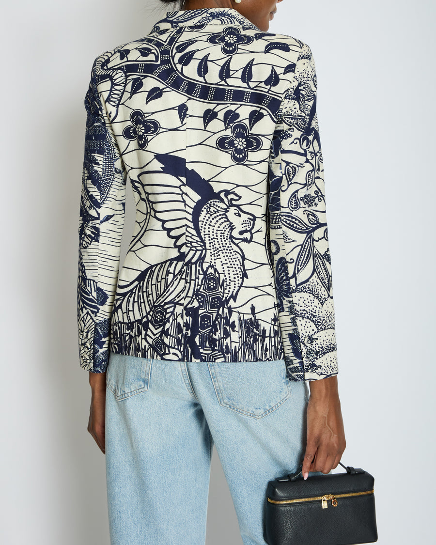 Christian Dior Cruise 2020 Cream and Blue Botanical Printed Button Down Bar Jacket Size FR 38 (UK 10)