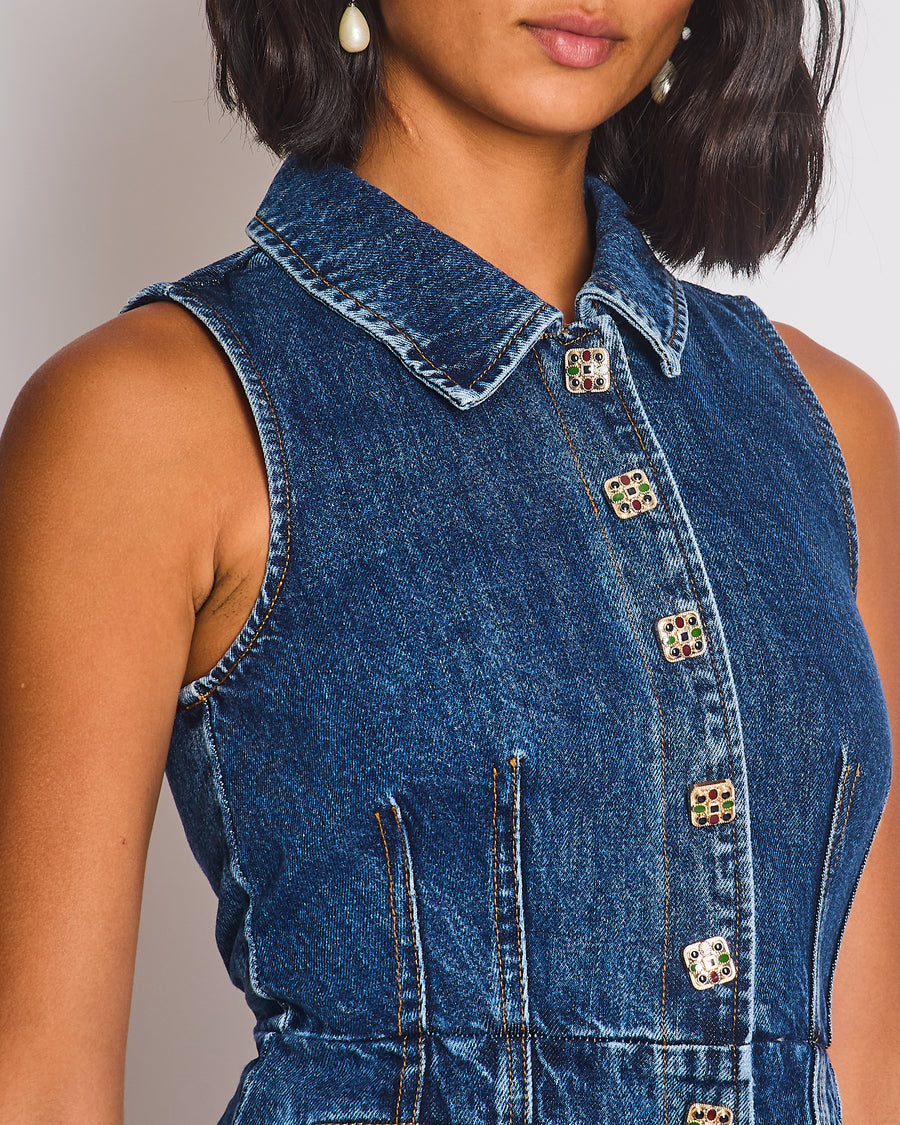 Self-Portrait Denim Gilet & Pleated Skirt Set with Multicolour Buttons Detail Size (UK 6)