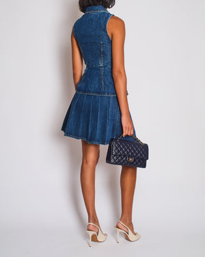 Self-Portrait Denim Gilet & Pleated Skirt Set with Multicolour Buttons Detail Size (UK 6)