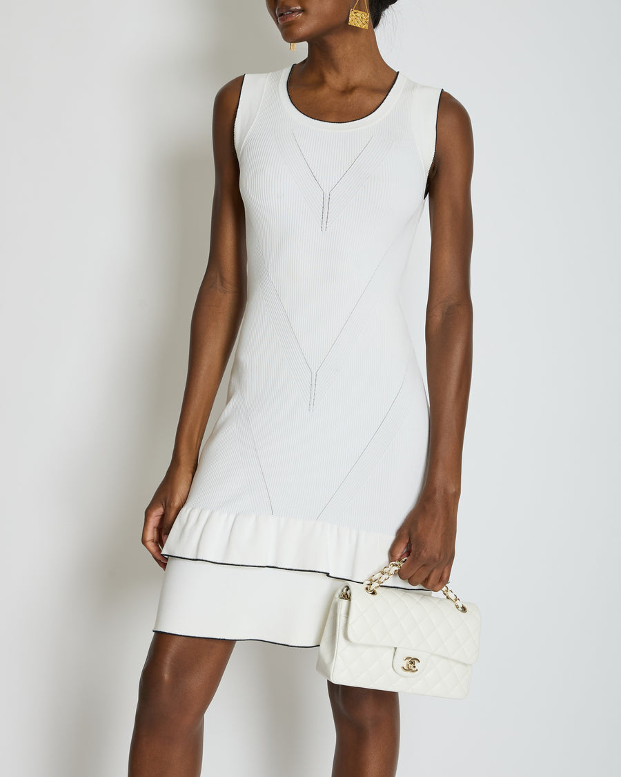 Chanel 08P Cream Sleeveless Knitted Short Dress with Silver CC Logo Button and Navy Hem Details Size FR 36 (UK 8)