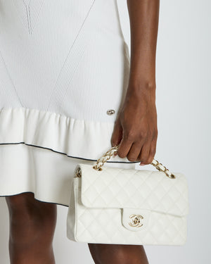 Chanel 08P Cream Sleeveless Knitted Short Dress with Silver CC Logo Button and Navy Hem Details Size FR 36 (UK 8)