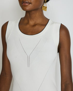 Chanel 08P Cream Sleeveless Knitted Short Dress with Silver CC Logo Button and Navy Hem Details Size FR 36 (UK 8)