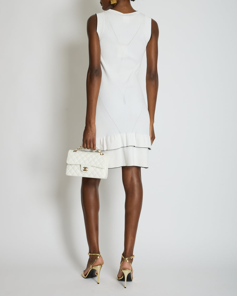 Chanel 08P Cream Sleeveless Knitted Short Dress with Silver CC Logo Button and Navy Hem Details Size FR 36 (UK 8)