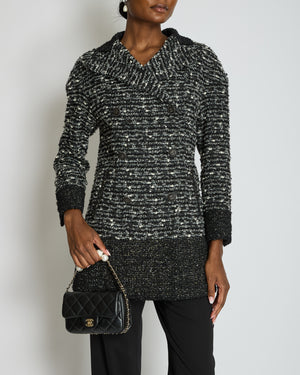 Chanel Black, Grey & White Tweed Double Breasted Jacket with Black CC Logo Buttons Size FR 36 (UK 8)
