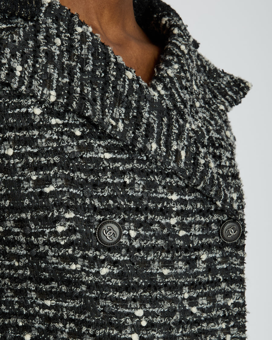 Chanel Black, Grey & White Tweed Double Breasted Jacket with Black CC Logo Buttons Size FR 36 (UK 8)
