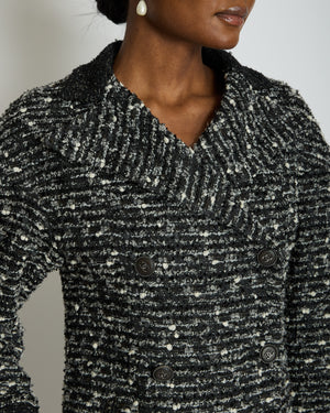 Chanel Black, Grey & White Tweed Double Breasted Jacket with Black CC Logo Buttons Size FR 36 (UK 8)