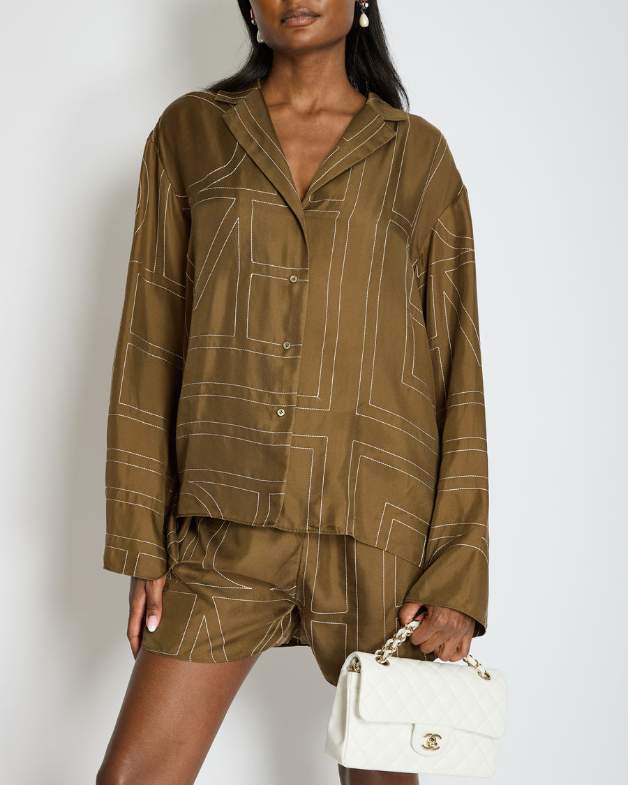 Toteme Brown Monogram Silk Shirt and Shorts Set Size DK38 (UK12)