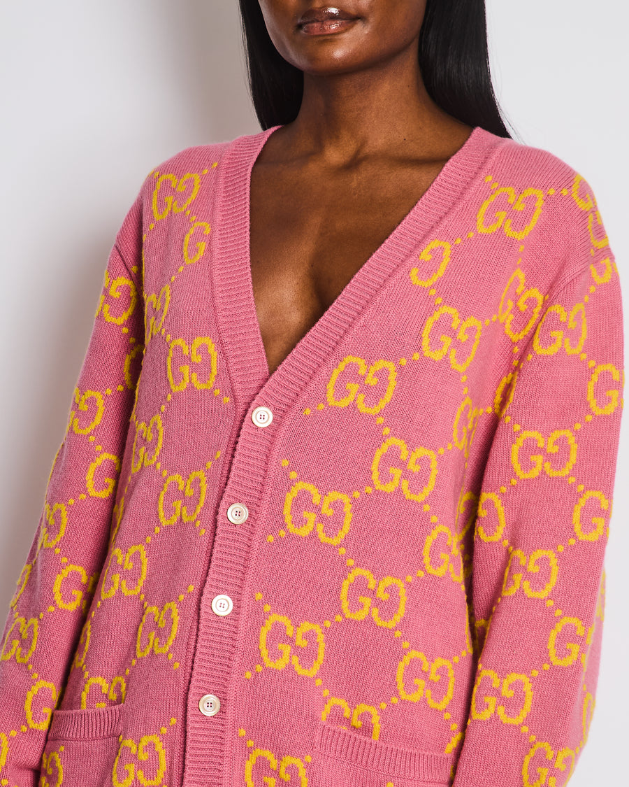 Gucci Pink and Yellow Wool GG Monogram Cardigan with Mother of Pearl Buttons Size XL (UK 12/14) RRP £1,300